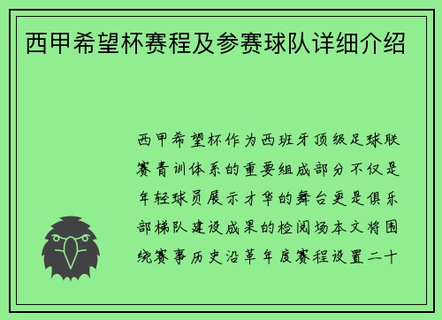 西甲希望杯赛程及参赛球队详细介绍