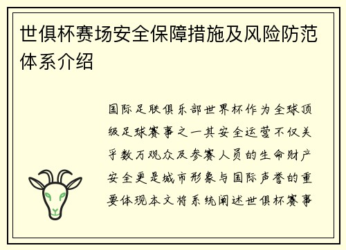 世俱杯赛场安全保障措施及风险防范体系介绍