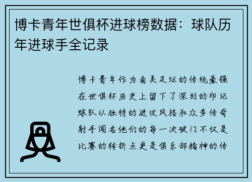 博卡青年世俱杯进球榜数据：球队历年进球手全记录
